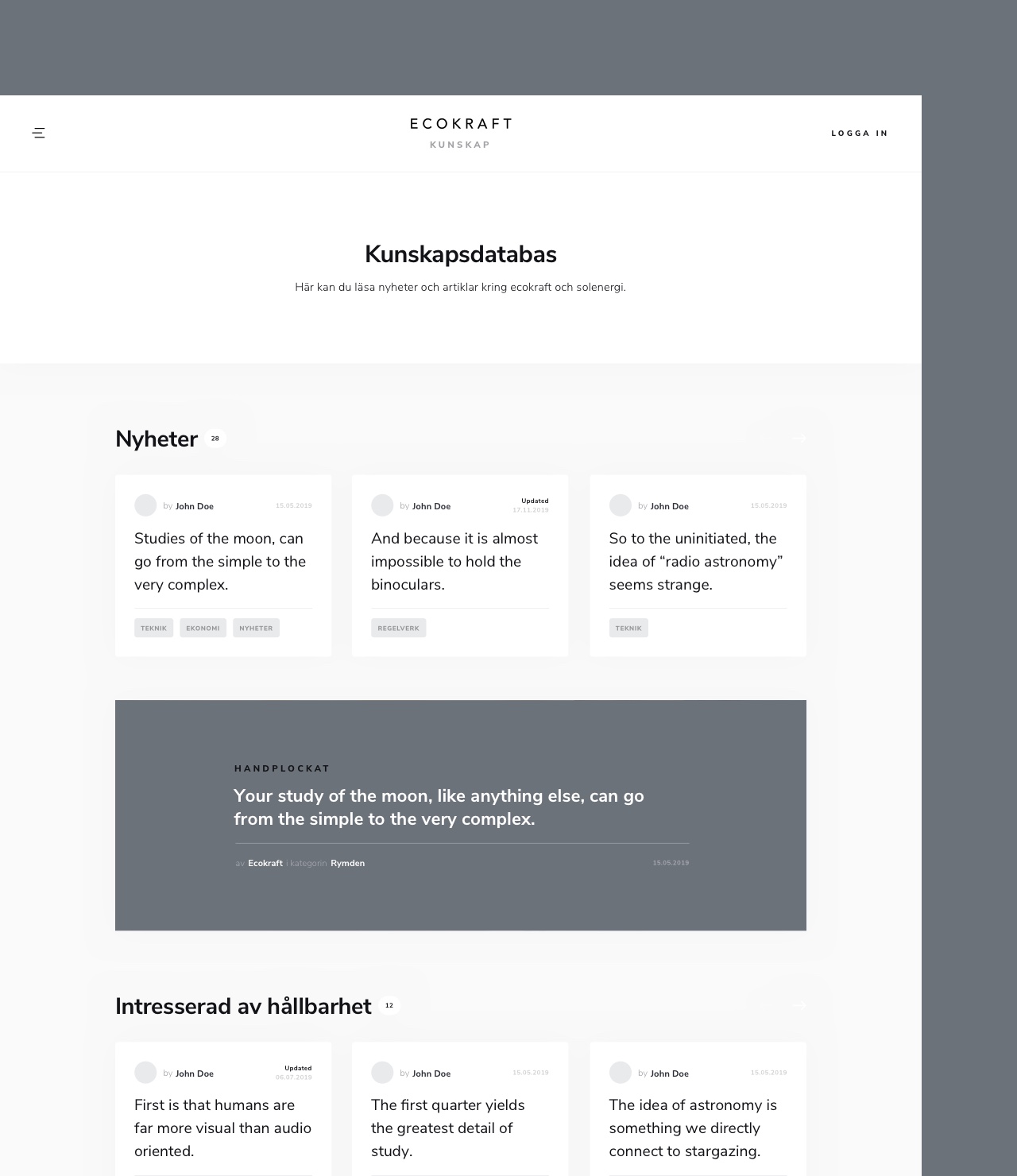 Ecokraft wireframes for knowledge base