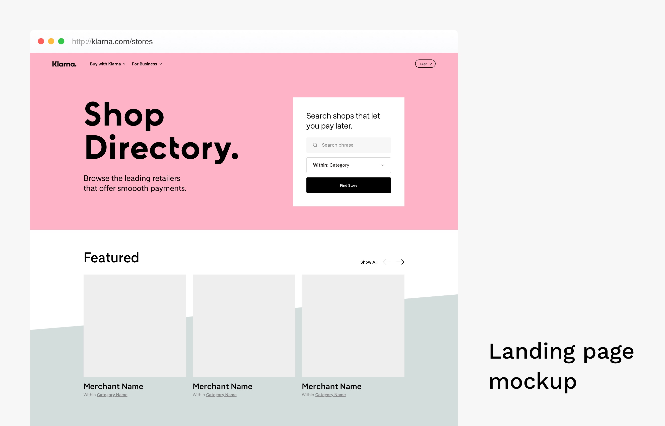 Klarna shop directory landing page mockup